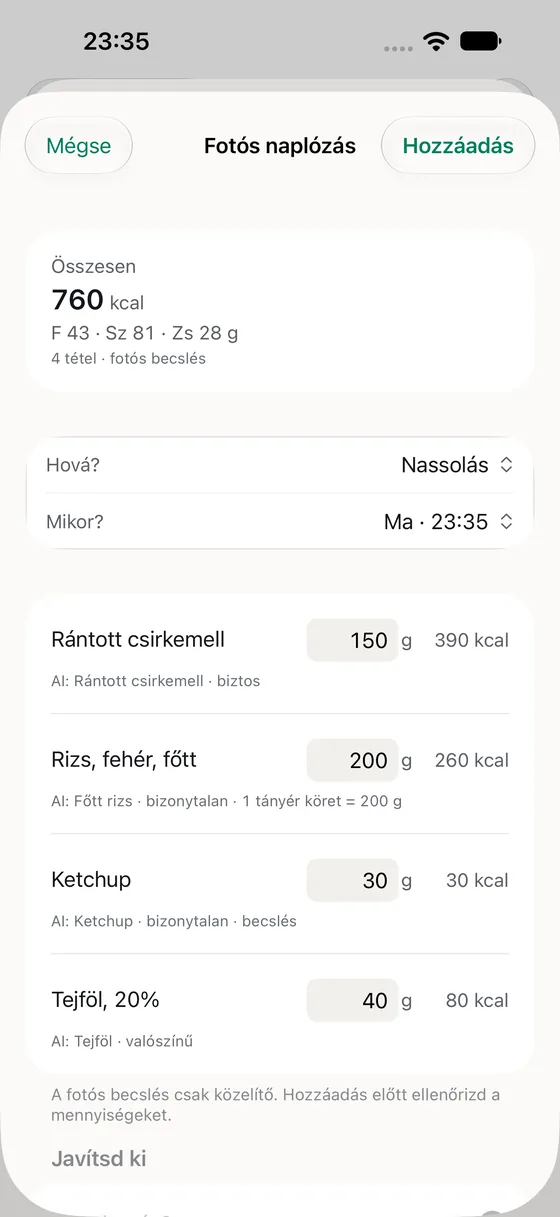 Az AI-javaslat átnéző képernyője: soronként szerkeszthető gramm és kalória, alatta a „Javítsd ki” mező.